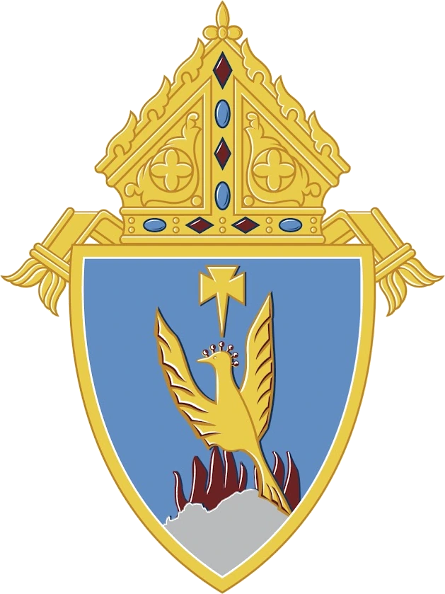 The coat of arms of the Roman Catholic Diocese of Phoenix — a phoenix rising above flames, crowned by a mitre