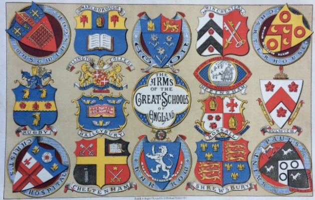 A heraldic plate of the arms of the great public schools of England — Eton, Harrow, Winchester, Westminster, and others