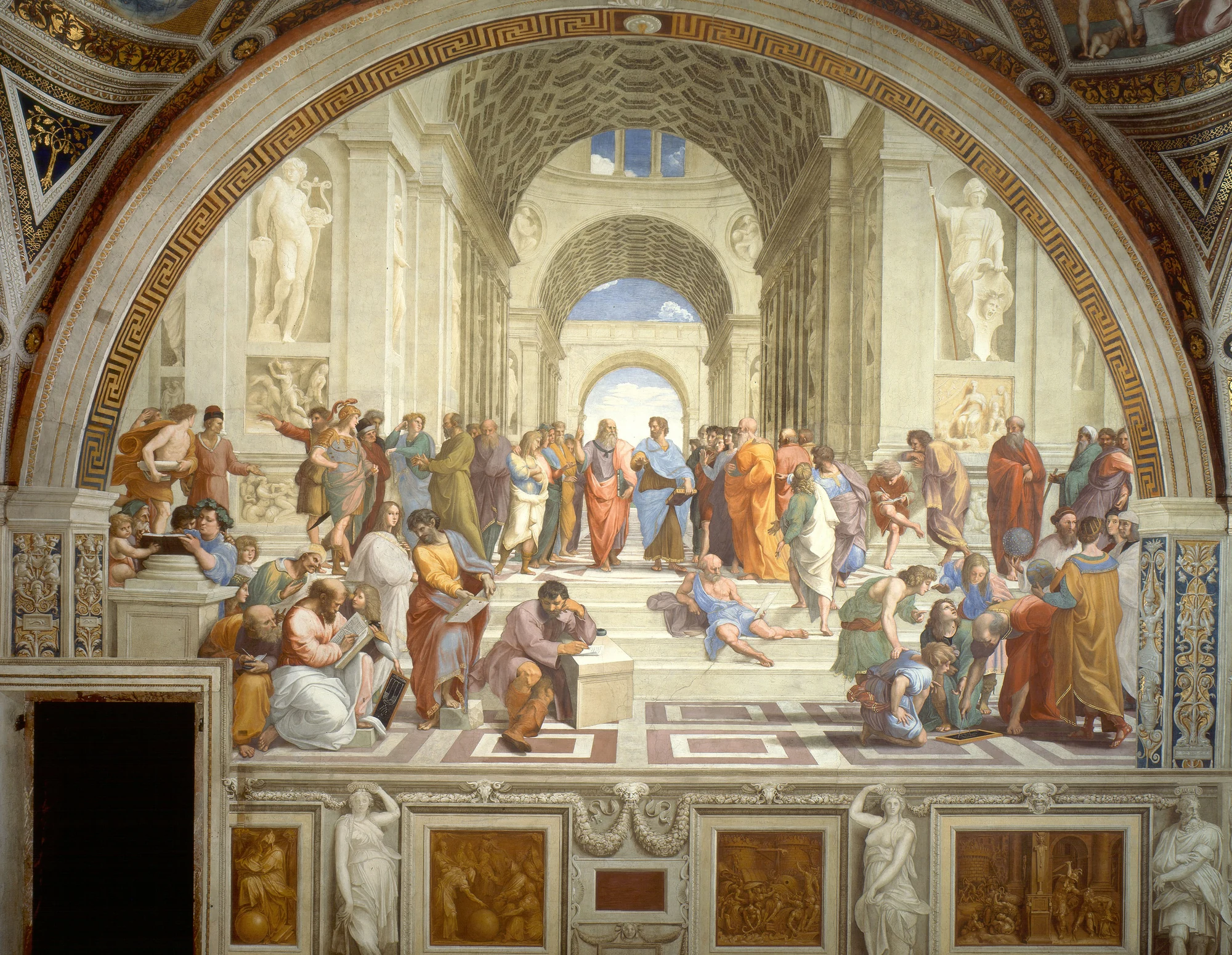 The School of Athens by Raphael, 1509-1511 &mdash; Plato and Aristotle surrounded by the philosophers of antiquity in a vast Roman basilica