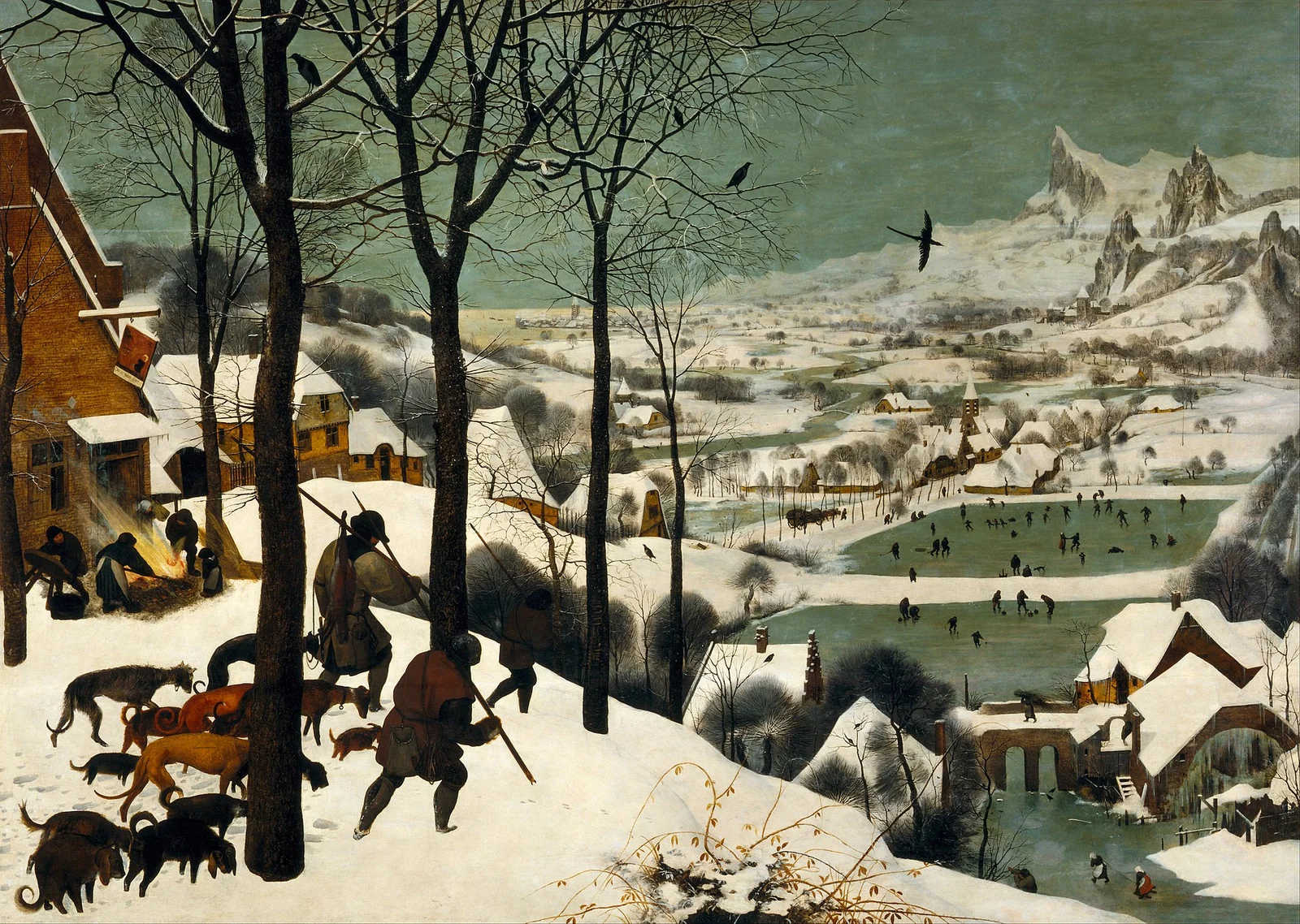 Hunters in the Snow by Pieter Bruegel the Elder, 1565 &mdash; classical winter landscape of the seasonal year