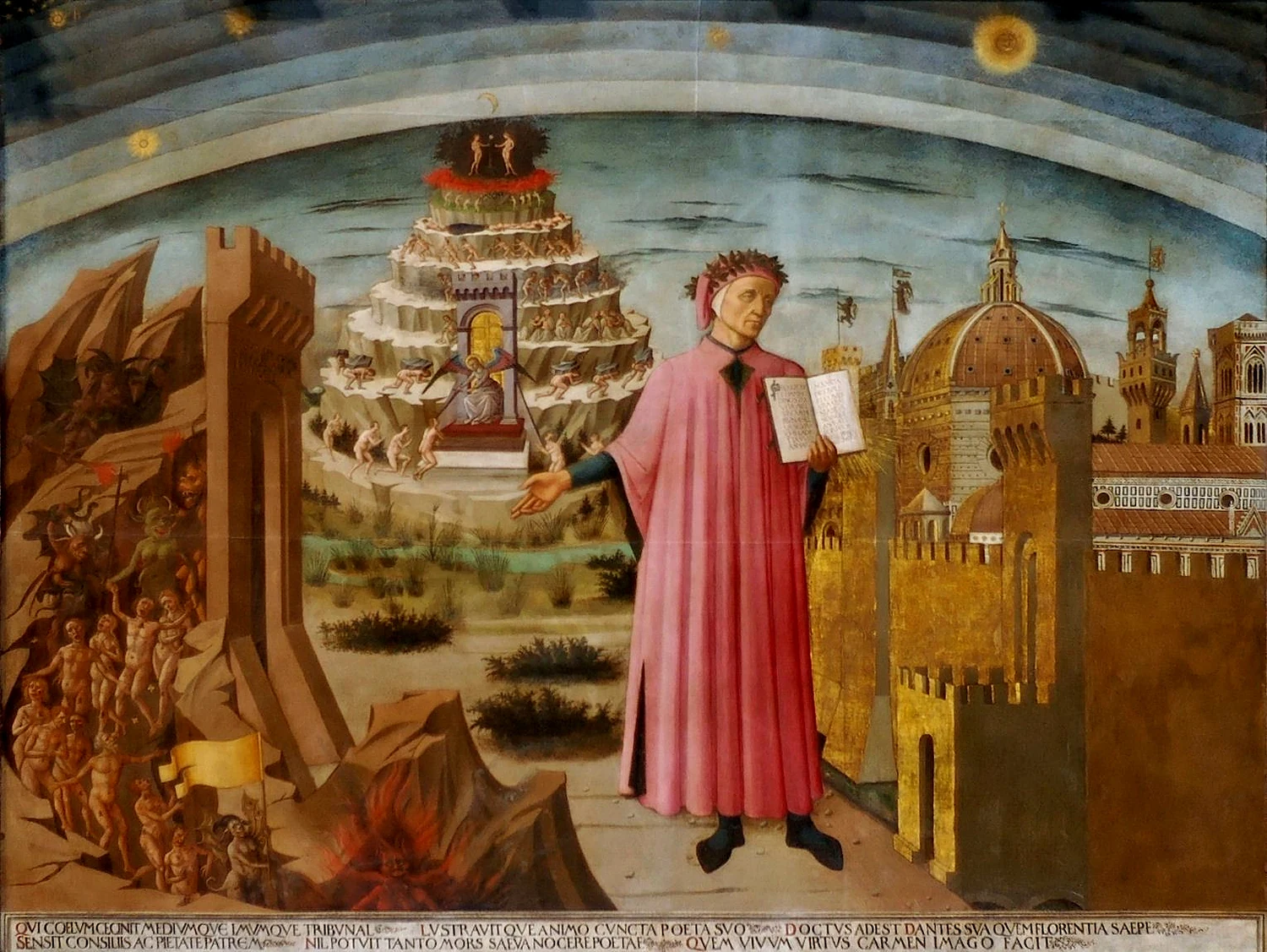 Dante and the Divine Comedy by Domenico di Michelino, 1465 &mdash; Dante in red robe and laurel crown holding open the Divine Comedy with Hell, Purgatory, and Florence behind him