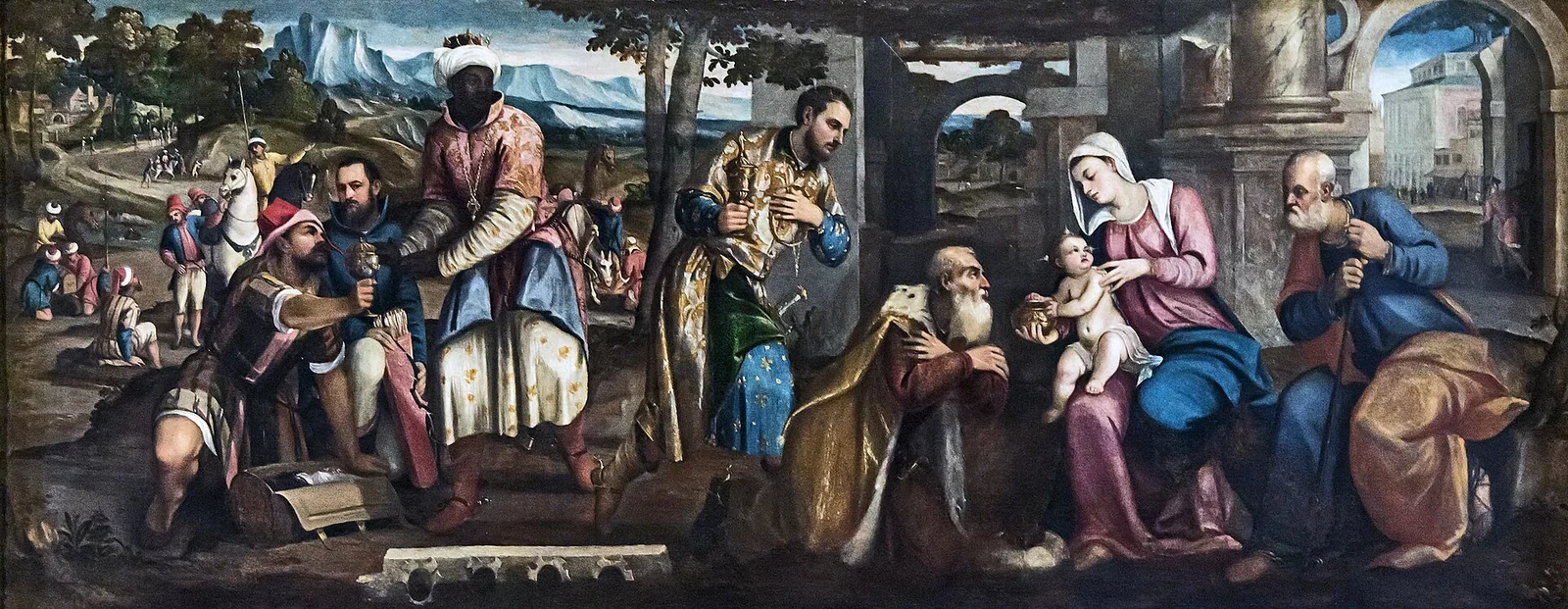 Adoration of the Magi by Bonifacio de Pitati, c. 1540 &mdash; three kings arriving with gifts at the stable