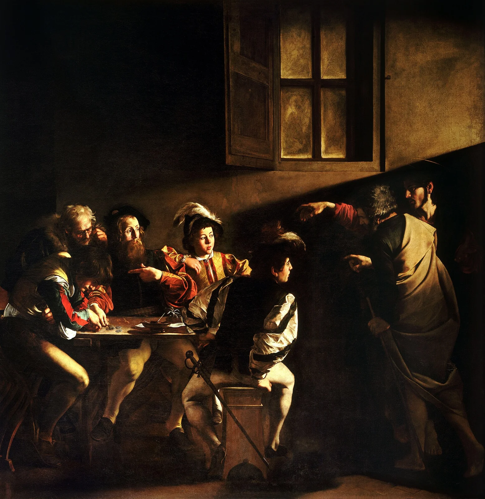 The Calling of Saint Matthew by Caravaggio, 1600 &mdash; Christ calling Matthew from his counting table