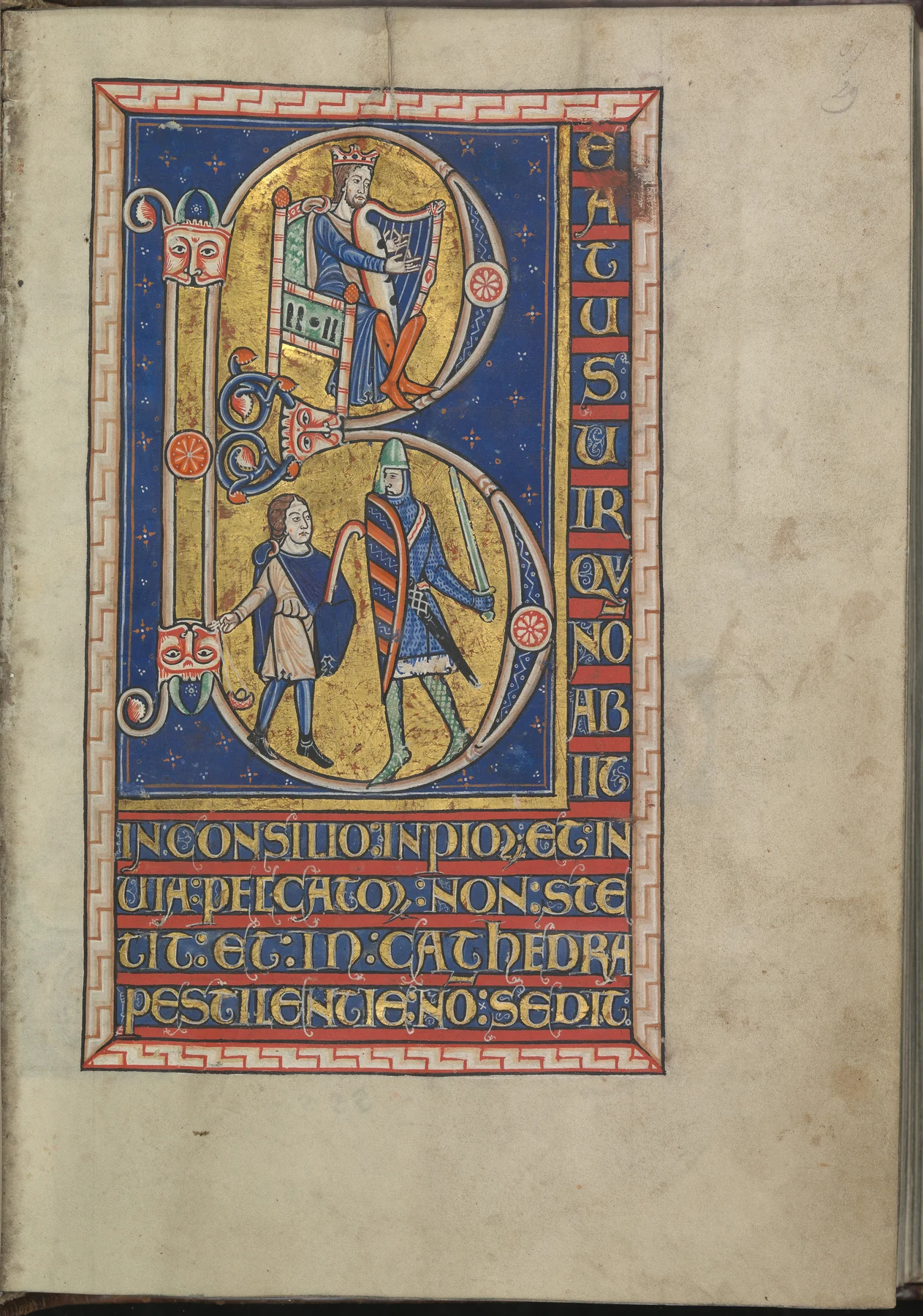 King David harping from the Eleanor Psalter, c. 1180 &mdash; illuminated miniature of the psalmist enthroned with his harp in gold and ultramarine