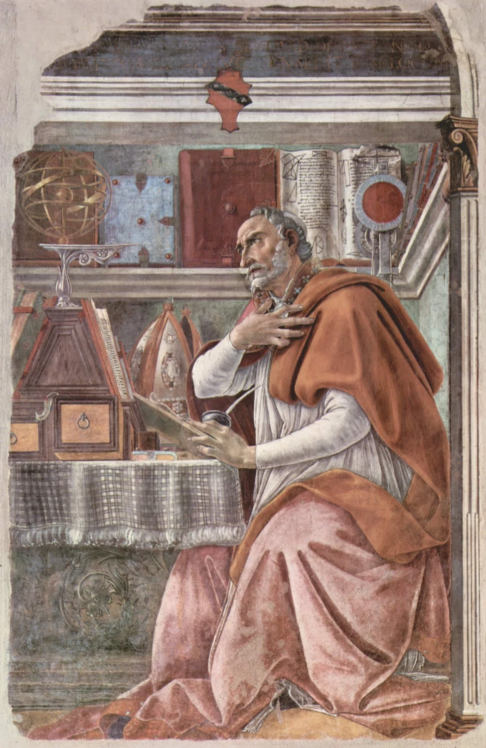 Sandro Botticelli, St. Augustine in his Study (c. 1480) &mdash; Augustine seated at a writing desk surrounded by books and astronomical instruments, wearing a mitre