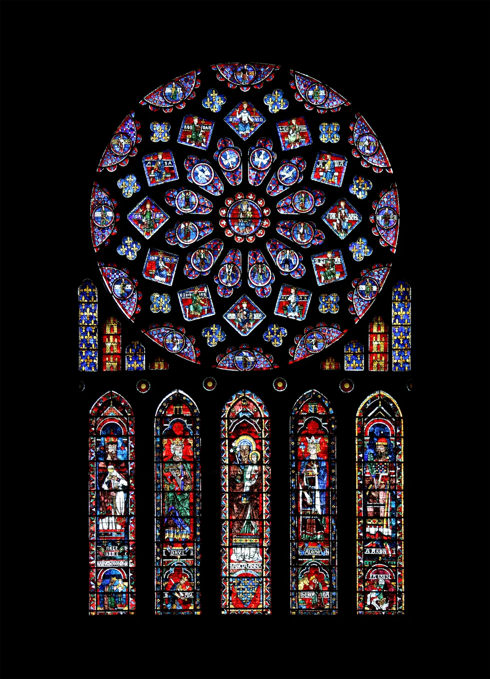 The North Rose Window of Chartres Cathedral (13th century) — Gothic stained glass depicting the Virgin and the Old Testament kings