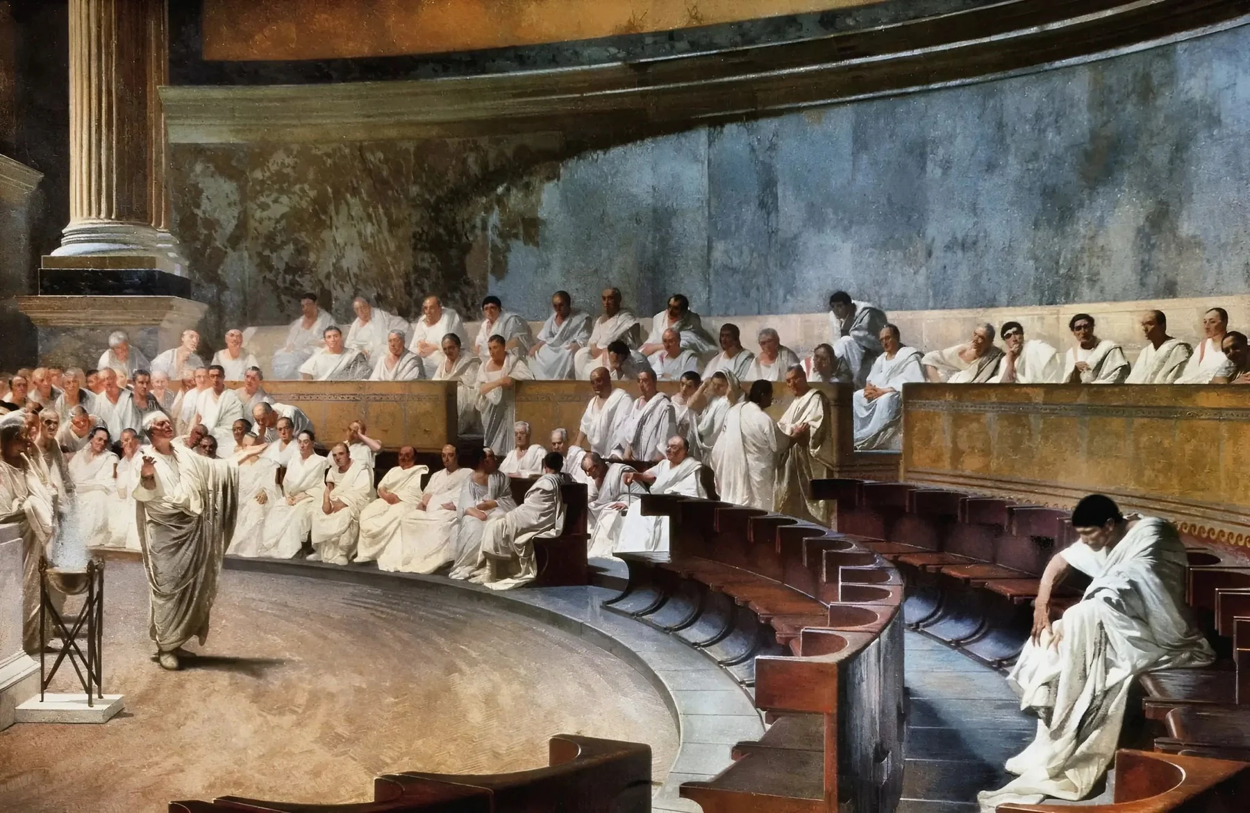 Cesare Maccari, Cicero Denounces Catiline in the Roman Senate (1888) — the most famous oration in Western history