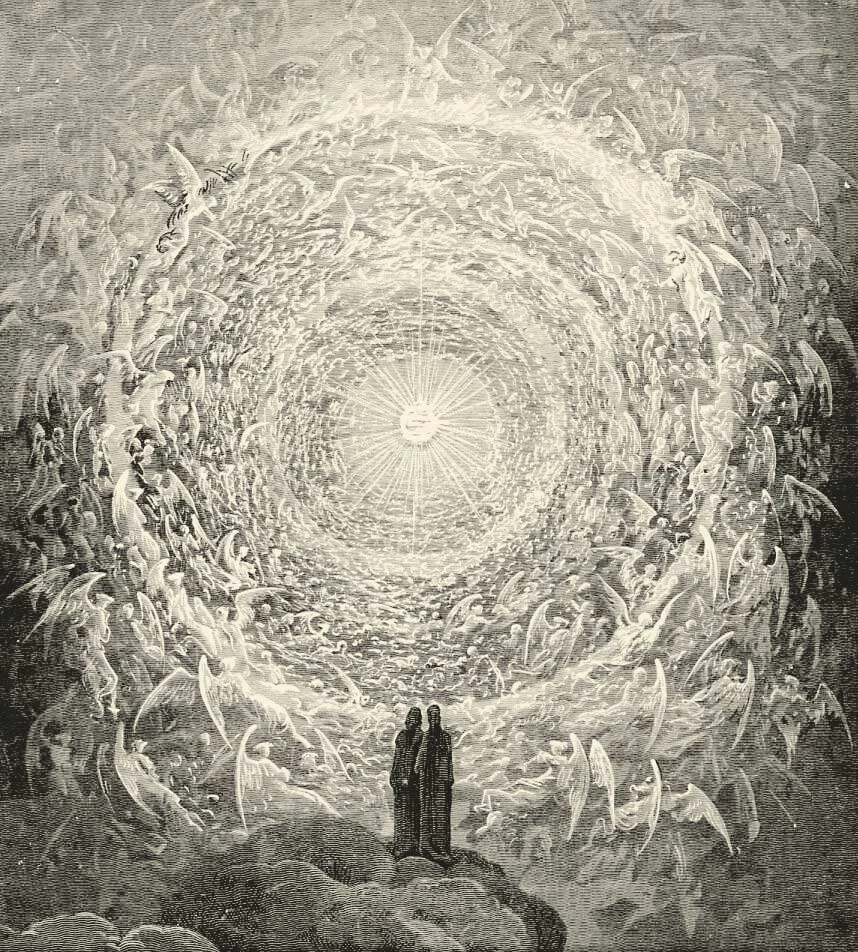 The Celestial Rose of the Paradiso by Gustave Dore, 1868 &mdash; the souls of the blessed gathered into a vast white rose of light spiraling upward toward God
