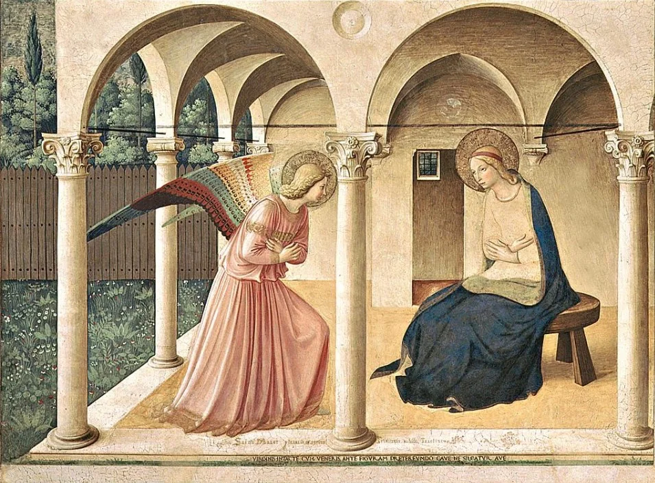 The Annunciation by Fra Angelico, c. 1440 &mdash; Gabriel announcing to Mary in a quiet loggia